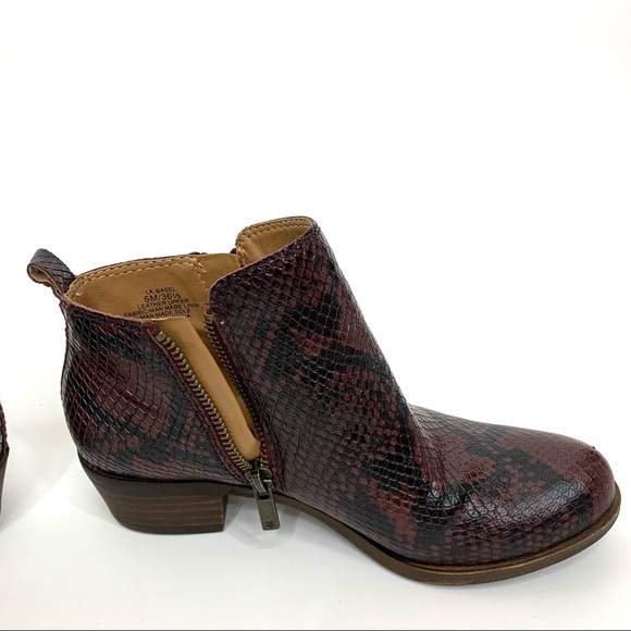Lucky Brand Basel Snakeskin Print Double Zipper Booties Ankle Boot Maroon Hue - Picture 7 of 14